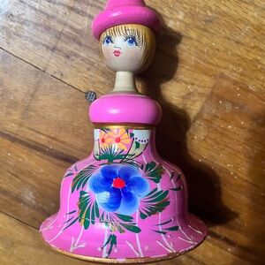 Russian Hand-Painted Pink Wooden Doll Bell with Floral Motif